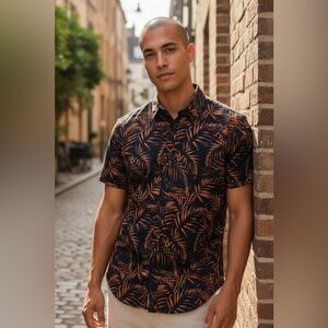 Michael Kors Black and Orange Tropical Print Shirt